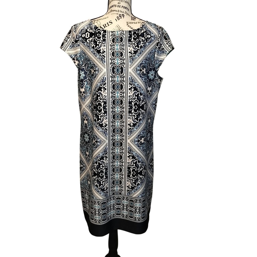 Tiana B Blue Black Teal Print Sheath Dress Plus Size 16 Cap Sleeves Back‎ Zipper